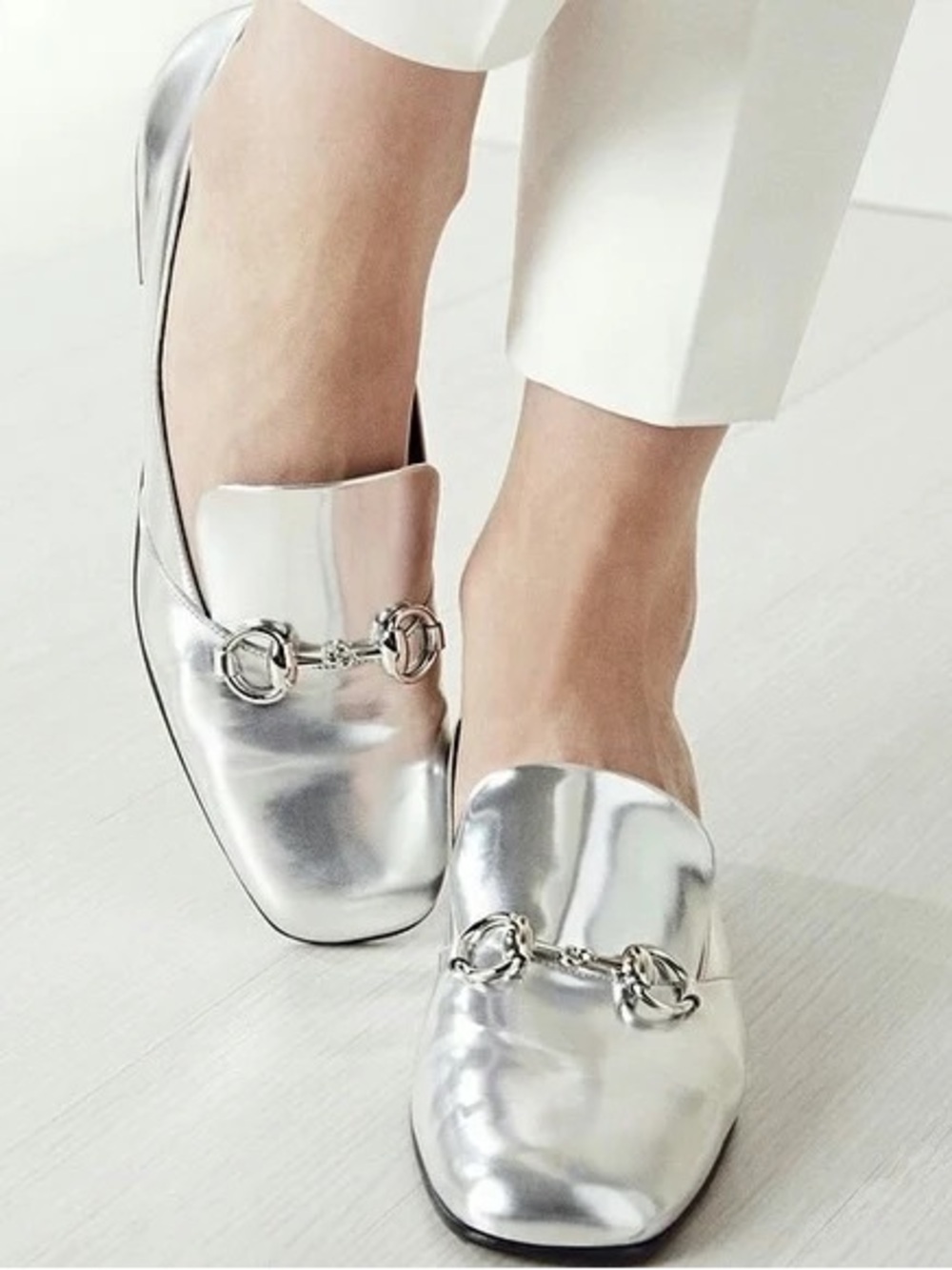 Gucci Silver Mirror Foil Leather Kira Horsebit Loafers Size 36